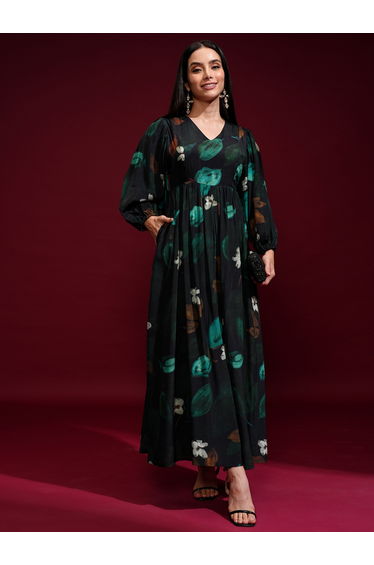 Women Floral Printed Balloon Sleeves A-Line Maxi Dress