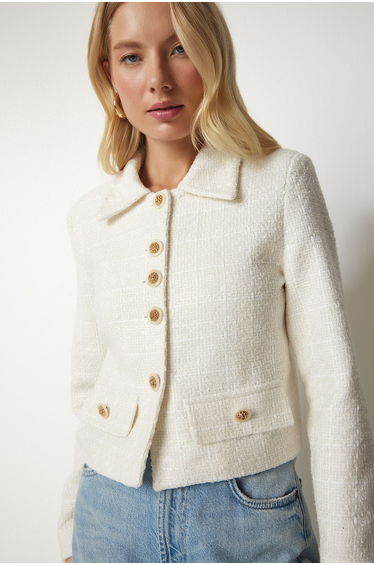 Women's Cream Stylish Button Detailed Tweed Crop Jacket