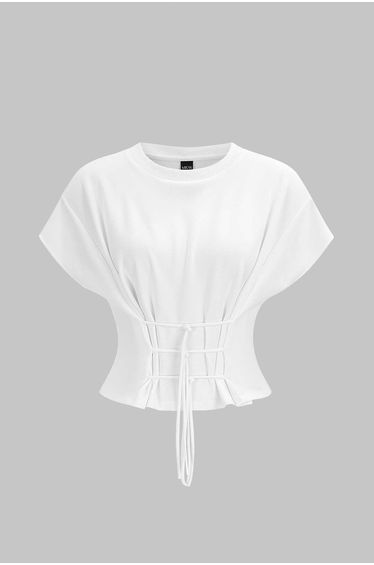 Round Neck Tie-Up Short Sleeve T-Shirt
