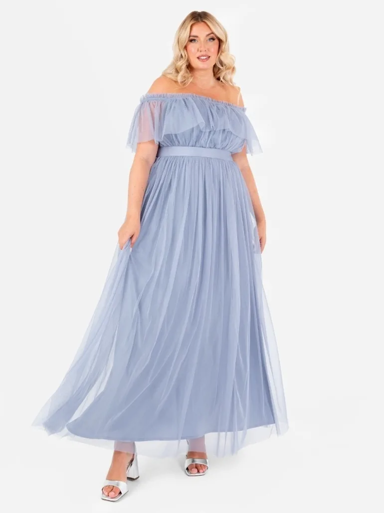 Anaya With Love Recycled Slate Blue Bardot Maxi Dress with Sash Belt - 4