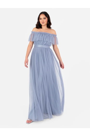 Anaya With Love Recycled Slate Blue Bardot Maxi Dress with Sash Belt