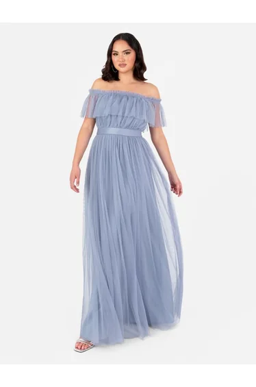 فستان ماكسي بحزام ساش بأكتاف مكشوفة - أزرق