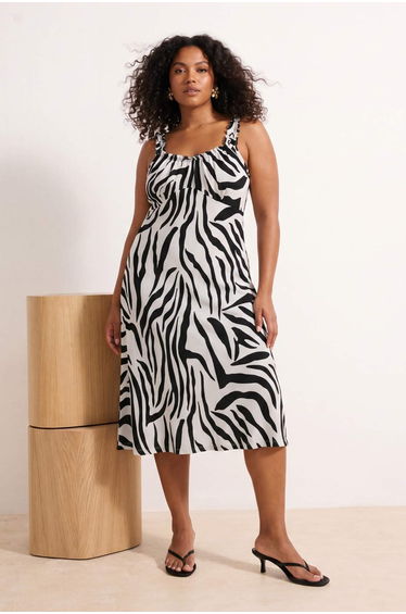 Black-White Animal Patterned Strappy A-Line Midi Knitted Plus Size Dress