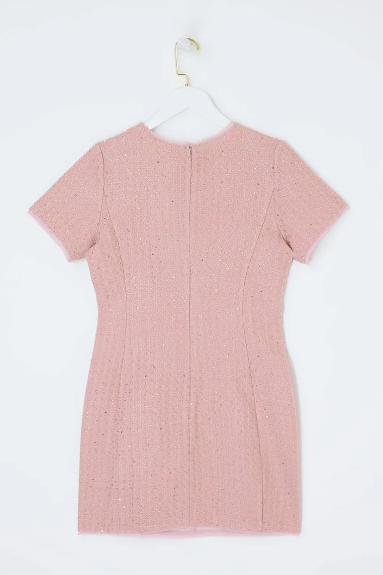 Pink Glitter Tweed Mini Woven Dress - 1