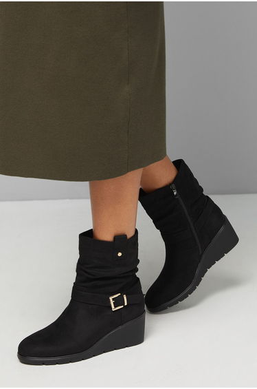 Good For The Sole: Paloma Comfort Ruche Buckle Detail Medium Wedge Casual Ankle Boots