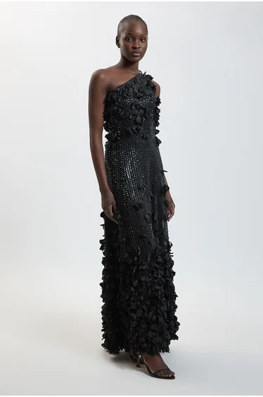Floral Applique One Shoulder Woven Maxi Dress