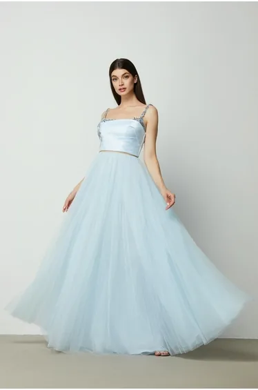 فستان شيفون أزرق ماكسي على شكل حرف A