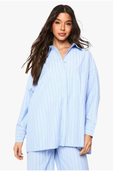 Stripe Drop Shoulder Oversized Shirt - blue