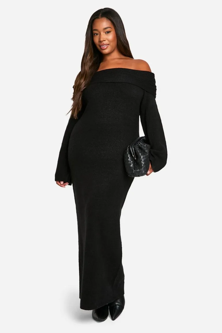 Plus Premium Oversized Rib Bardot Neckline Soft Knit Jumper Dress - black - 2