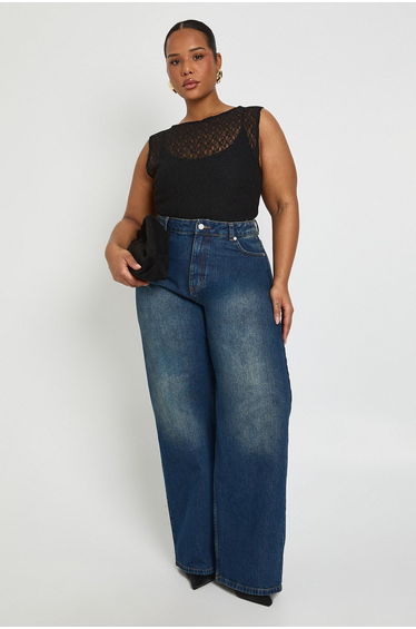 Plus Lace Racer Neck Bodysuit - black