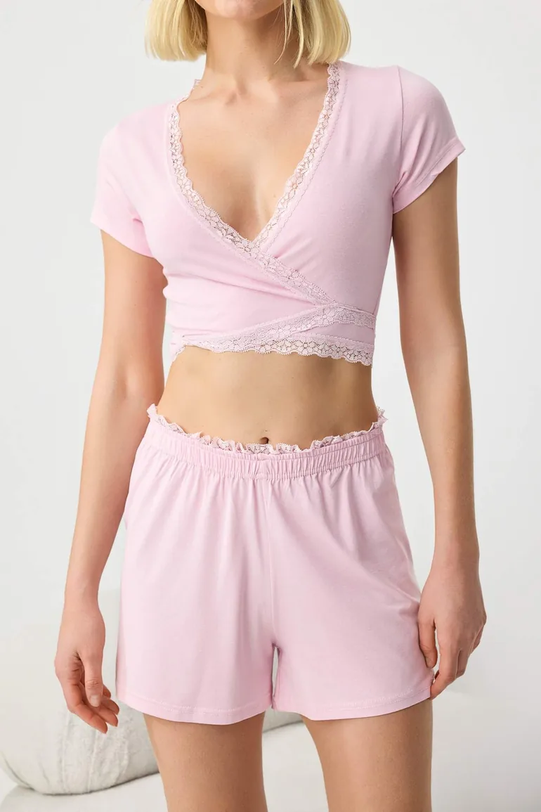 Pink Viscose Blend Plain Lace Detailed Viscose Single Jersey Knitted Pajama Set - 2