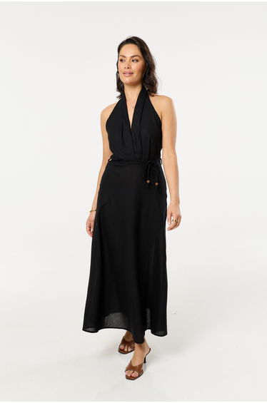 Black Halter Neck Tie Waist Maxi Dress