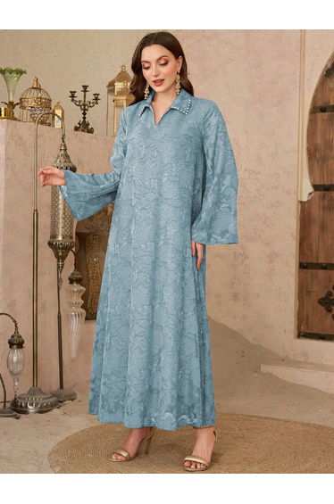 Blue Jacquard Embellished Collar Jalabiya