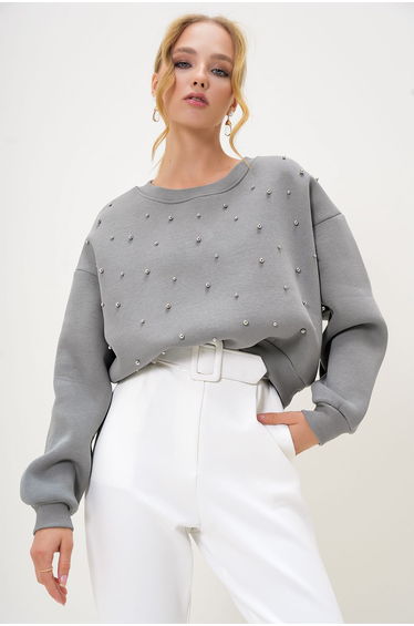 Women's Dyed Gray Crew Neck Front Pearl Embellished Three Thread Raised Sweatshirt