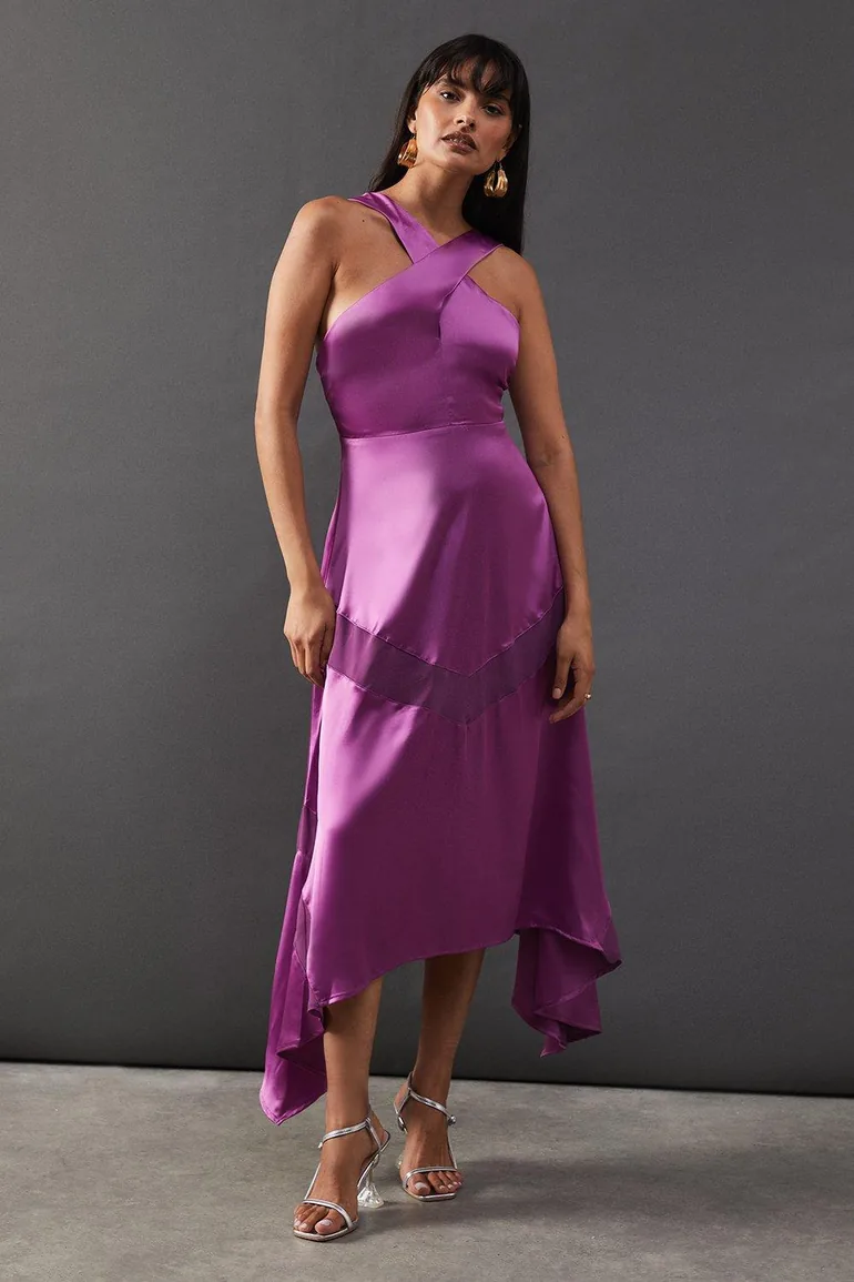 cross front chiffon dress Dessy Collection Stand Collar Halter Maxi Dress with Criss Cross Open-Back