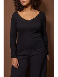 Black v-neck lace detailed ribbed fitted bodycon cotton stretch knit blouse - 2