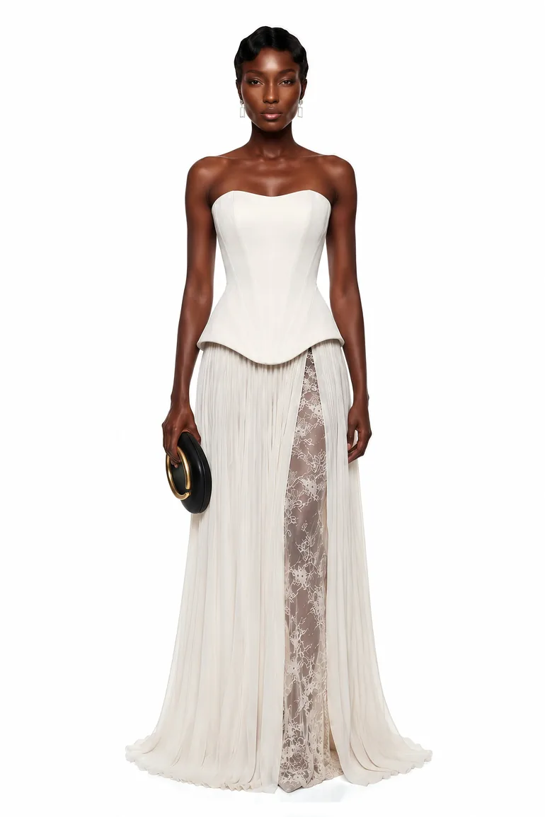 Maisie White Corset Top & Pleated Skirt Set with Lace Panels