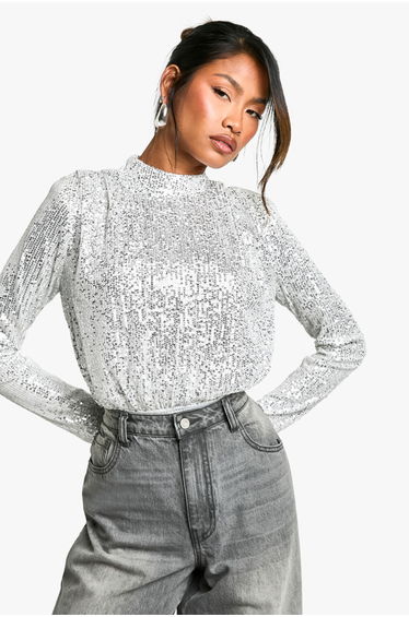 High Neck Sequin Bodysuit - silver