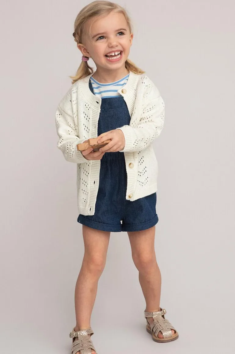 Cotton Mix Cardigan in Fine Openwork Knit with Buttons and Crew Neck