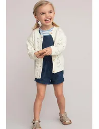 Cotton Mix Cardigan in Fine Openwork Knit with Buttons and Crew Neck