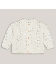 Cotton Mix Cardigan in Fine Openwork Knit with Buttons and Crew Neck - 1