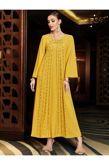 Women Yellow Rhinestone Embellished Jalabiya