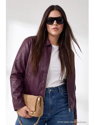 Burgundy Regular Fit Faux Leather Large Size Jacket with Stitching Detail - 1