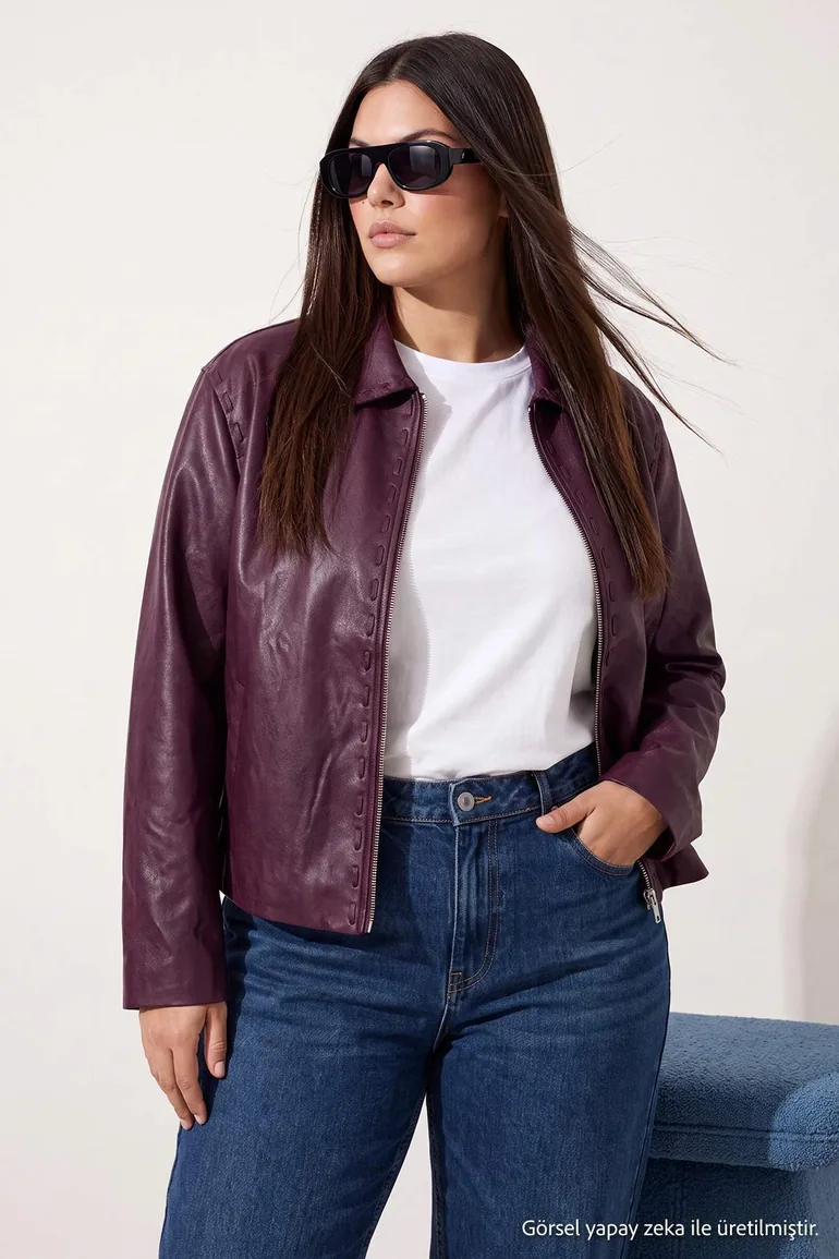 Burgundy Regular Fit Faux Leather Large Size Jacket with Stitching Detail - 6