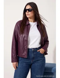Burgundy Regular Fit Faux Leather Large Size Jacket with Stitching Detail - 6