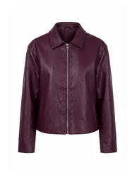 Burgundy Regular Fit Faux Leather Large Size Jacket with Stitching Detail - 5