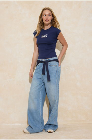 Navy Blue Slogan Fitted/Fitted-To-The-Body Moon Sleeve Short Sleeve Cotton Rib Knit T-Shirt
