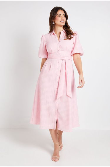 Textured Organza Puff Sleeve Shirt Dress