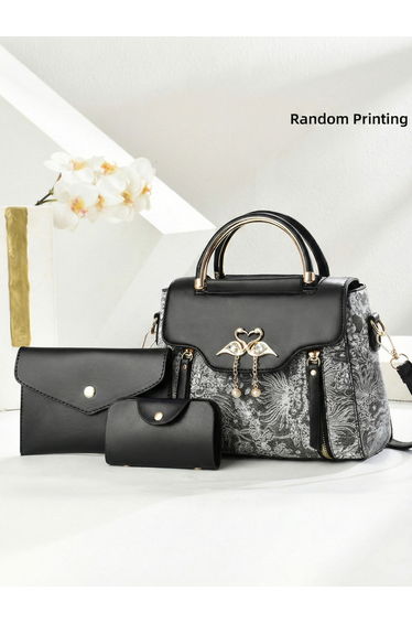Printed Dual Handle Handbag with Adjustable Strap and Purse Set