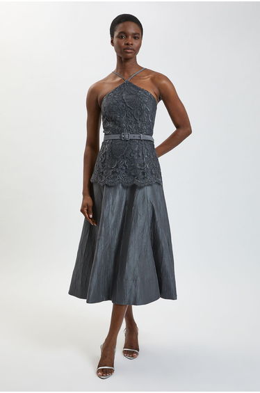 Textured Sateen Lace Halter Neck Belted Midi Dress