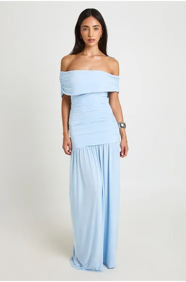 Soft Touch Drape Shoulder Maxi Dress - pastel blue