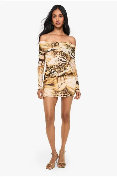 Abstract Mesh Twist Front Bardot Mini Dress - brown