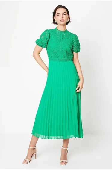 Lace Puff Sleeve Pleated Midaxi Dress