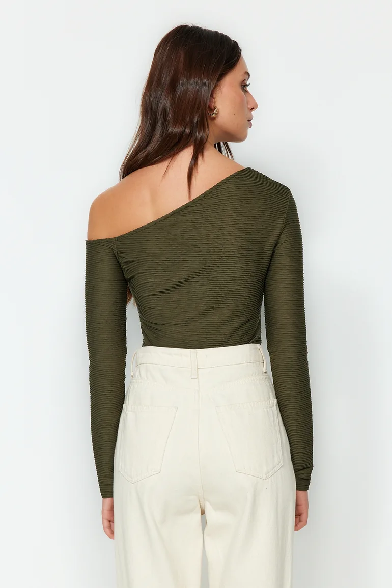 Khaki Jacquard Asymmetrical Collar Knitted Body - 5