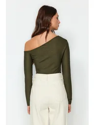 Khaki Jacquard Asymmetrical Collar Knitted Body - 5