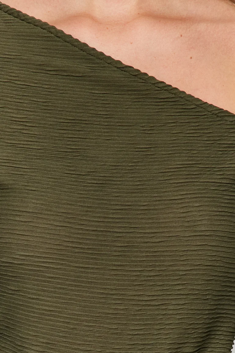 Khaki Jacquard Asymmetrical Collar Knitted Body - 3