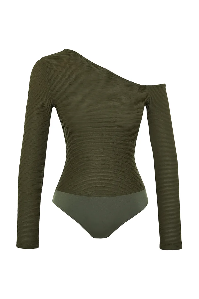 Khaki Jacquard Asymmetrical Collar Knitted Body - 6