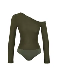 Khaki Jacquard Asymmetrical Collar Knitted Body - 6