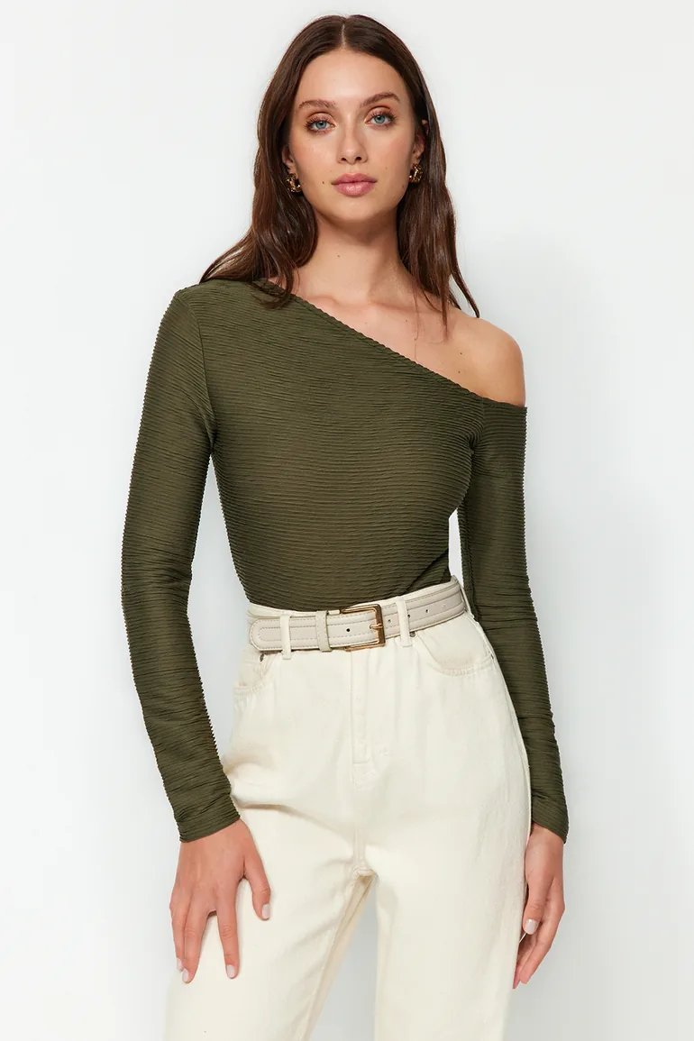 Khaki Jacquard Asymmetrical Collar Knitted Body - 2