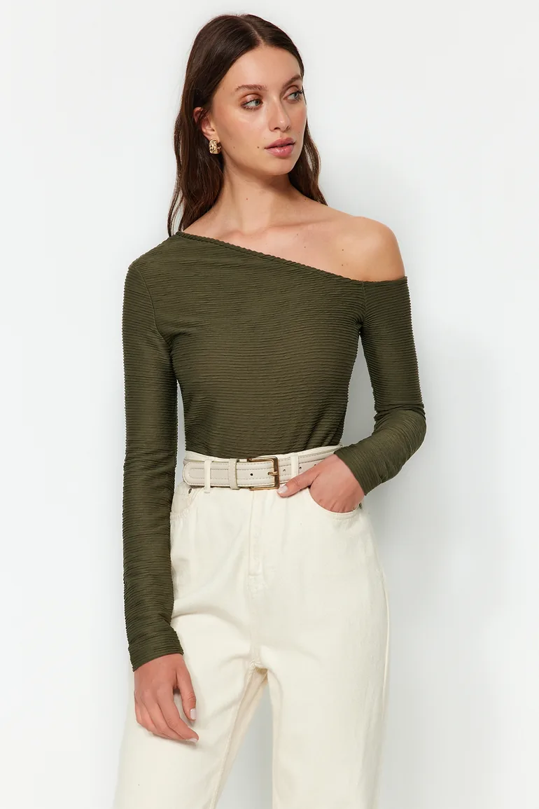 Khaki Jacquard Asymmetrical Collar Knitted Body