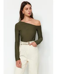 Khaki Jacquard Asymmetrical Collar Knitted Body