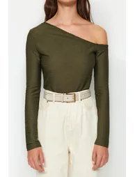 Khaki Jacquard Asymmetrical Collar Knitted Body - 4