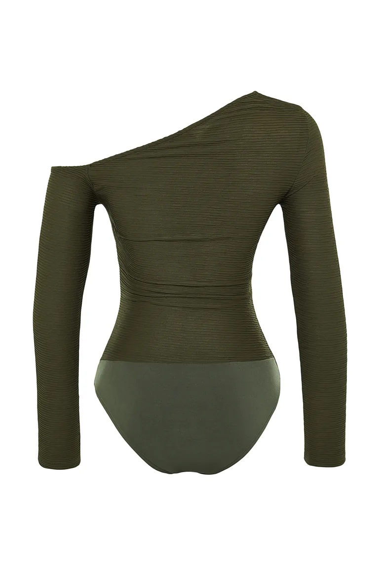 Khaki Jacquard Asymmetrical Collar Knitted Body - 7