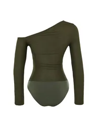 Khaki Jacquard Asymmetrical Collar Knitted Body - 7
