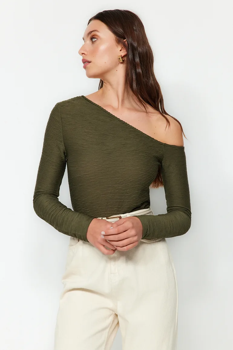 Khaki Jacquard Asymmetrical Collar Knitted Body - 1