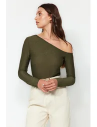 Khaki Jacquard Asymmetrical Collar Knitted Body - 1